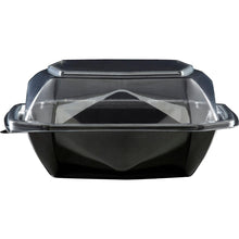 Der Octaview® S Lebensmittelbehälter der Duni GmbH (APET 150x150x70, Schwarz/Transparent) ist geschlossen und leer abgebildet, mit schwarzem Boden und klarem Scharnierdeckel für eine gute Sichtbarkeit des Inhalts. Packungsgröße: 400 Stück.