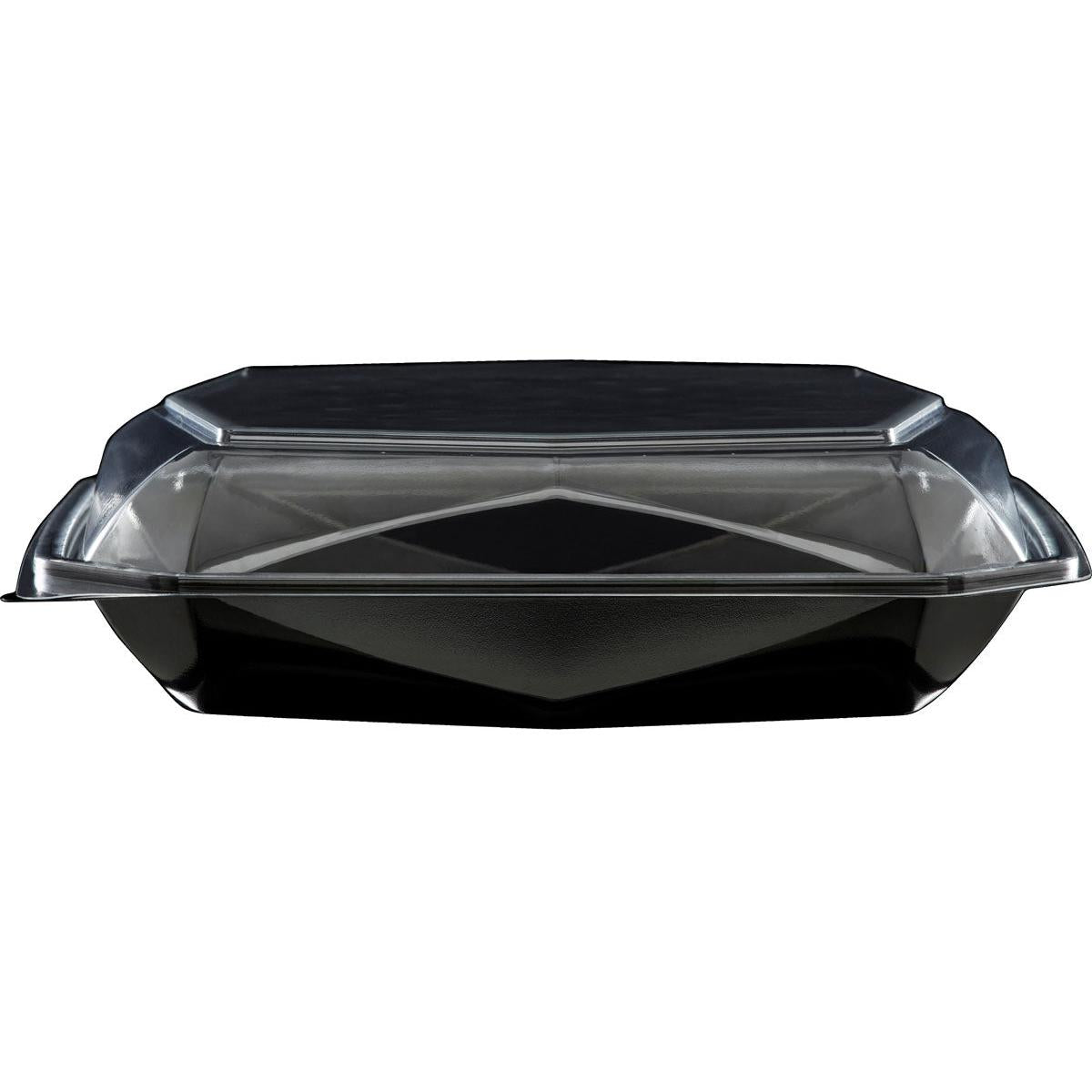 Octaview® L Schwarz / Transparent APET 225x225x65 livsmedelsbehållare från Duni GmbH visas tom med säkert stängt, klart lock, fotograferad framifrån på vit bakgrund. Förpackning (100 stycken).