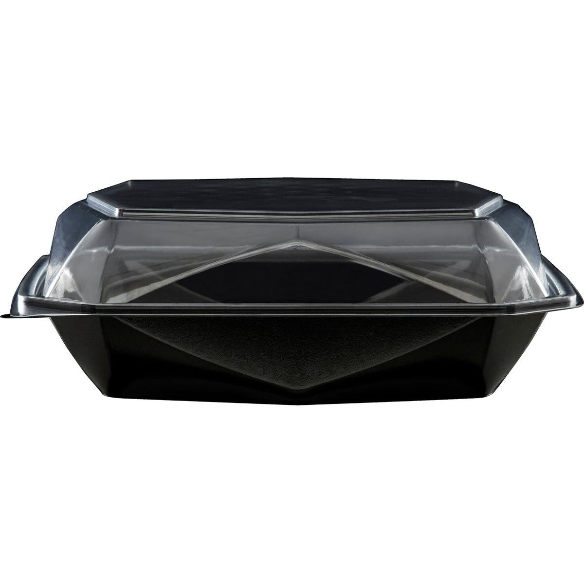 En Duni GmbH Octaview® L+ Svart/Transparent APET 225x225x80 uttagsbehållare med klart lock är avbildad stängd och tom mot en vit bakgrund. Förpackningen innehåller 100 stycken.