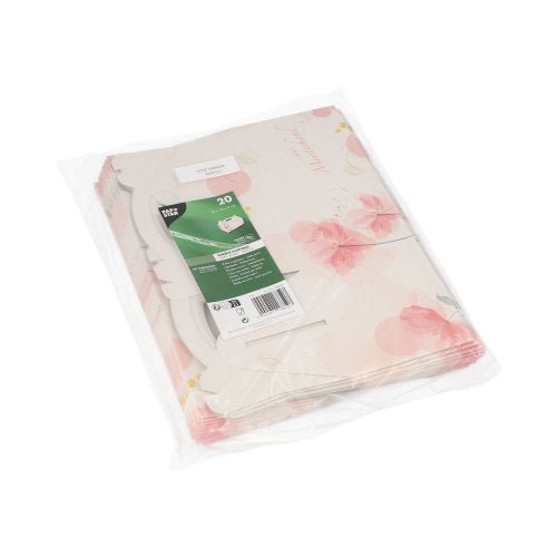 En genomskinlig plastförpackning innehåller 20 PAPSTAR bakverkskartonger av papp, fyrkantig och rosé med bärhandtag. Den gröna etiketten från PAPSTAR GmbH ger produktinformation och säkerställer en elegant presentation.