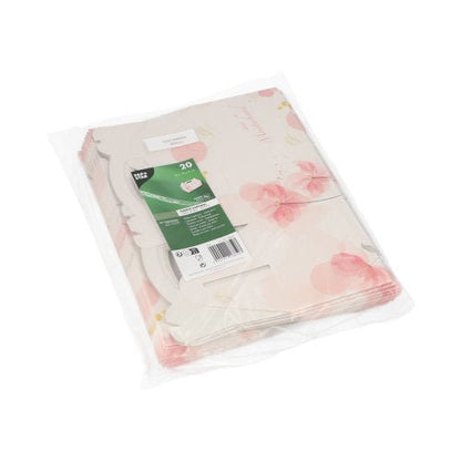 En genomskinlig plastförpackning innehåller 20 PAPSTAR bakverkskartonger av papp, fyrkantig och rosé med bärhandtag. Den gröna etiketten från PAPSTAR GmbH ger produktinformation och säkerställer en elegant presentation.