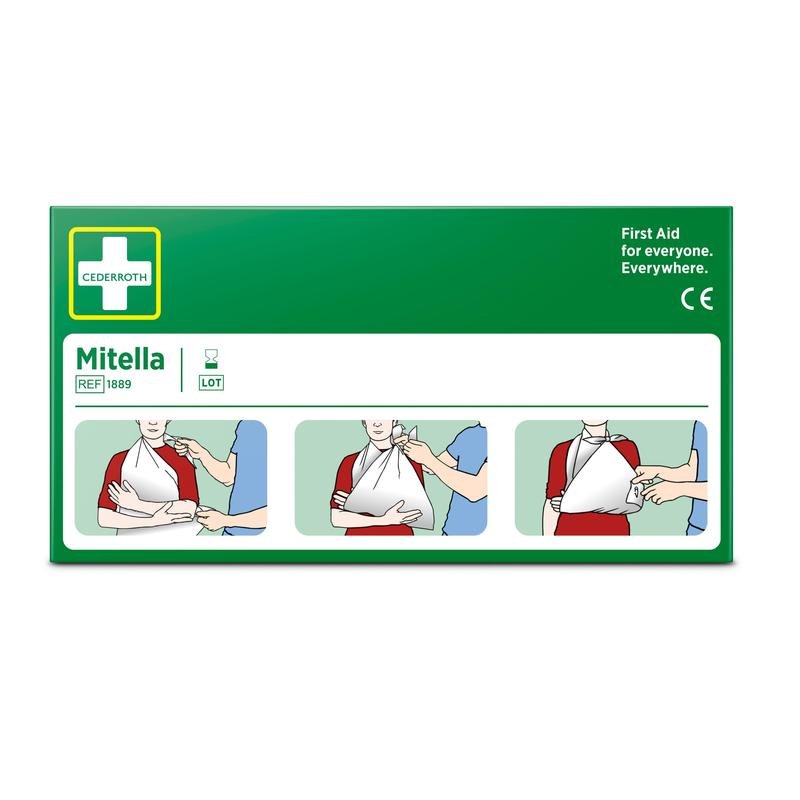 En grön låda med texten "Trekantsbindel, 2 stycken/kartong" från Orkla Wound Care AB visar tre illustrerade steg för användning av trekantsbindel som armslinga. Perfekt för första hjälpen vid idrottsskador: "Första hjälpen för alla. Överallt."