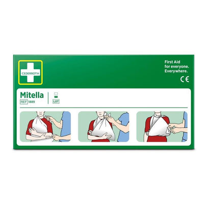 En grön låda med texten "Trekantsbindel, 2 stycken/kartong" från Orkla Wound Care AB visar tre illustrerade steg för användning av trekantsbindel som armslinga. Perfekt för första hjälpen vid idrottsskador: "Första hjälpen för alla. Överallt."