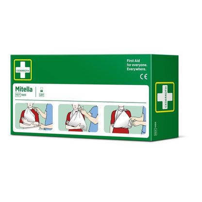 En grön låda med texten "Trekantsbindel, 2 stycken/kartong | Förpackning (2 stycken)" från Orkla Wound Care AB visar tre steg för användning av en trekantsbindel som armslinga på en person i en röd skjorta, med ett vitt kors och första hjälpen-detaljer.