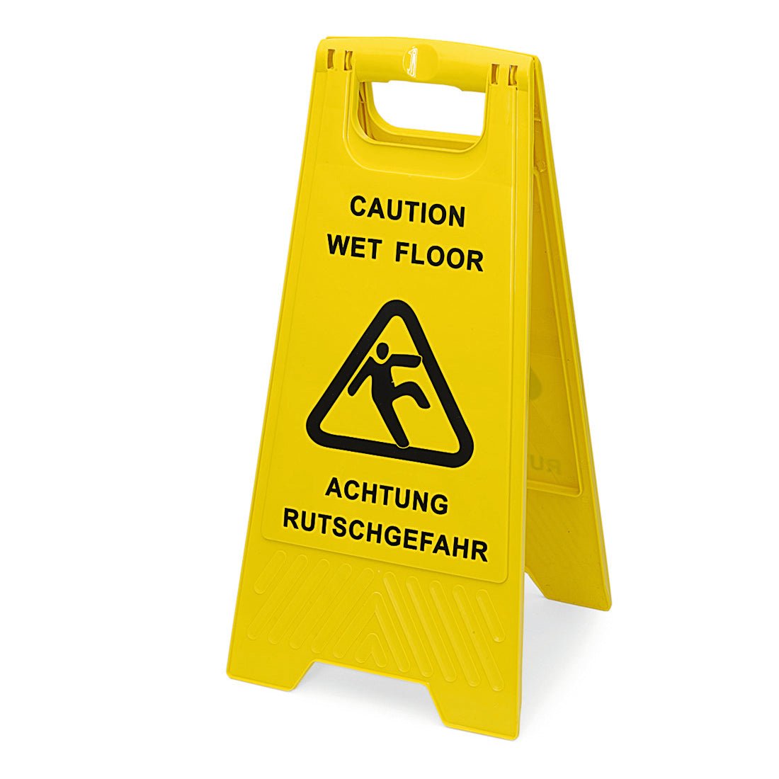 Ett gult Nölle Profi Brush-varningsskylt "Halkrisk" (30x63 cm, dubbelsidigt) från Nölle Profi Brush Borst- & Penselteknik e.K. med svart text och en symbol av en halkande person står öppet på golvet.