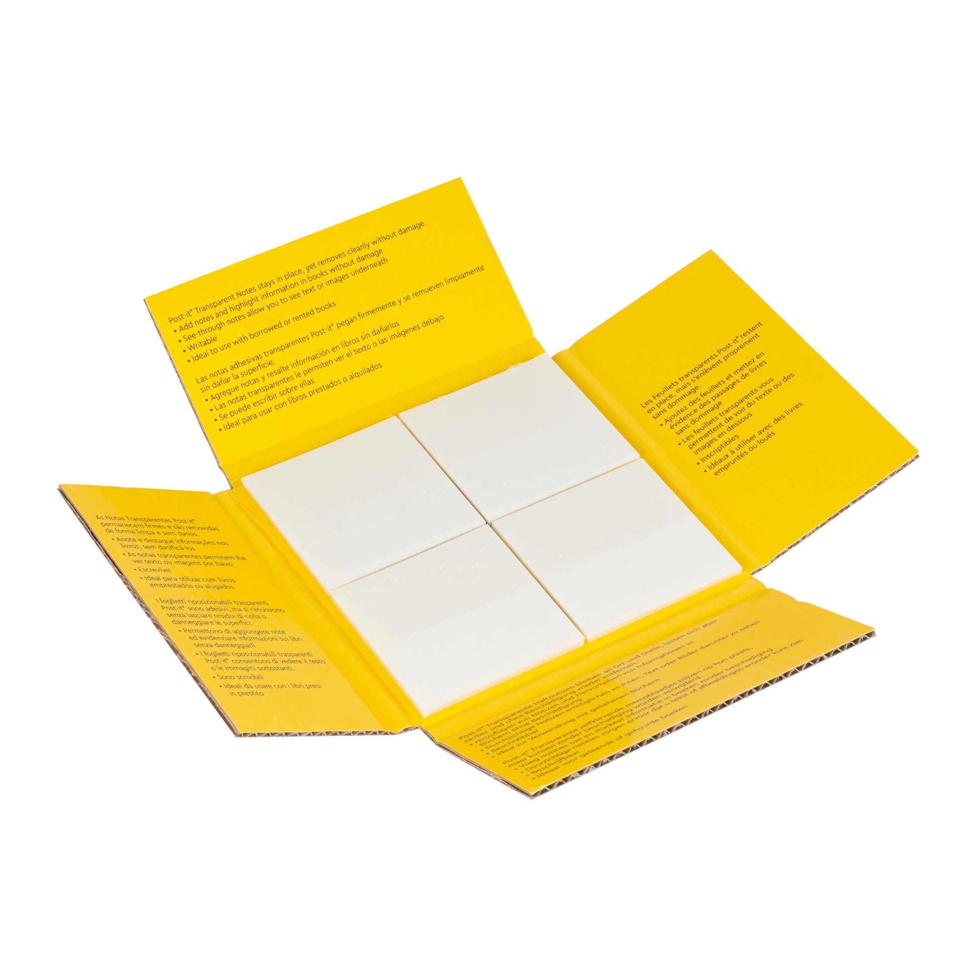 Eine geöffnete gelbe Kartonpackung Post-it® Transparent Notes (73 mm x 73 mm, 12 Blöcke/Packung) der 3M Deutschland GmbH offenbart vier weiße rechteckige Blöcke und sichtbare gedruckte Anweisungen auf den Innenlaschen.