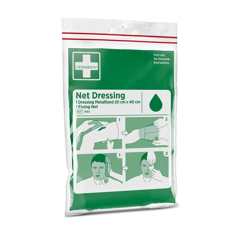 En förpackning Cederroth Nätbandage | Förpackning (1 styck) från Orkla Wound Care AB med grön och vit förpackning visar en illustrerad instruktion för användning av det elastiska nätbandaget på en arm och på huvudet.
