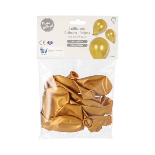 En genomskinlig plastförpackning med 10 PAPSTAR Ballonger med en diameter på 25 cm av PAPSTAR GmbH, som innehåller flera tomma guldfärgade latexballonger. Etiketten visar bilder på uppblåsta guldfärgade ballonger och produktinformation på olika språk – perfekt för alla typer av dekorationer.
