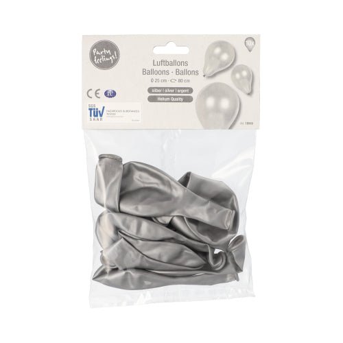 En genomskinlig förpackning av PAPSTAR GmbH innehåller 10 tomma silverfärgade ballonger (Ø 25 cm). På etiketten står det ”PAPSTAR ”10 ballonger”, bilder på silverfärgade ballonger och information om den högkvalitativa latexkvaliteten – perfekt för alla typer av dekorationer.