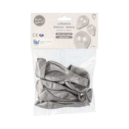 En genomskinlig förpackning av PAPSTAR GmbH innehåller 10 tomma silverfärgade ballonger (Ø 25 cm). På etiketten står det ”PAPSTAR ”10 ballonger”, bilder på silverfärgade ballonger och information om den högkvalitativa latexkvaliteten – perfekt för alla typer av dekorationer.
