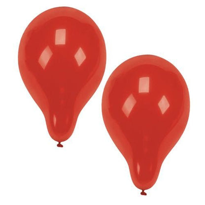 Två röda PAPSTAR 10 ballonger med en diameter på 25 cm av PAPSTAR GmbH-figurer av latex svävar mot en vit bakgrund. Deras glänsande droppform reflekterar ljuset – perfekt för alla festliga dekorationer.