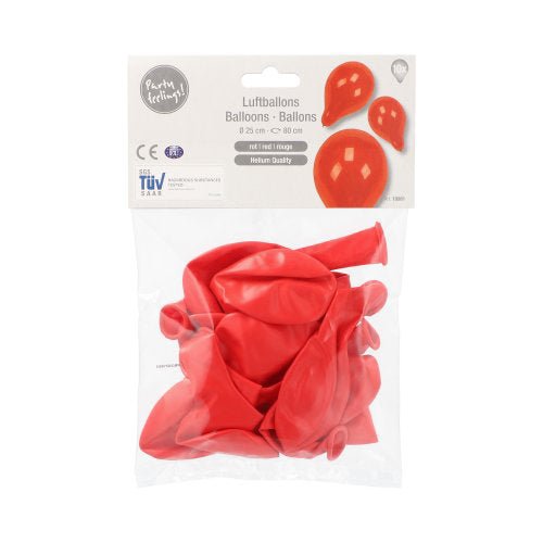 I en genomskinlig förpackning från PAPSTAR I förpackningen med GmbH finns 10 ouppblåsta röda latexballonger (av heliumkvalitet, Ø 25 cm), vars övre etikett visar bilder på ballonger och anger att de är lämpliga för dekoration.