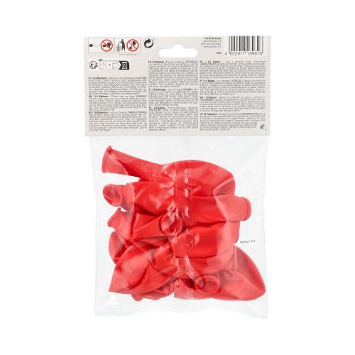 I en genomskinlig påse finns PAPSTAR 10 ballonger med en diameter på 25 cm av PAPSTAR GmbH i rött, tillverkad av högkvalitativ latex, med en vit etikett på ovansidan – perfekt som dekoration.