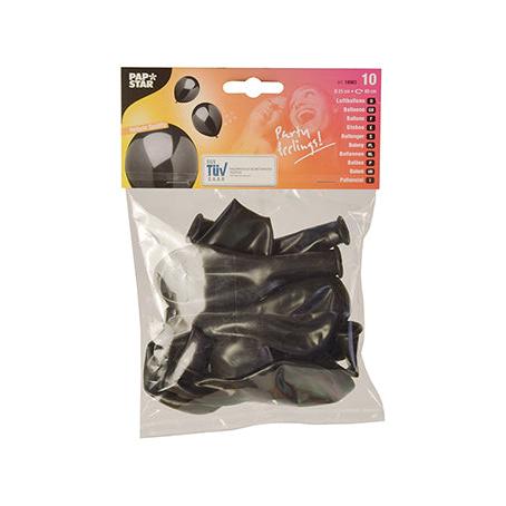 En genomskinlig plastförpackning med 10 svarta PAPSTAR-Latexballonger (25 cm) av PAPSTAR GmbH, med en färgglad etikett med texten ”Partyfeeling!” – perfekt som dekoration till alla festligheter.