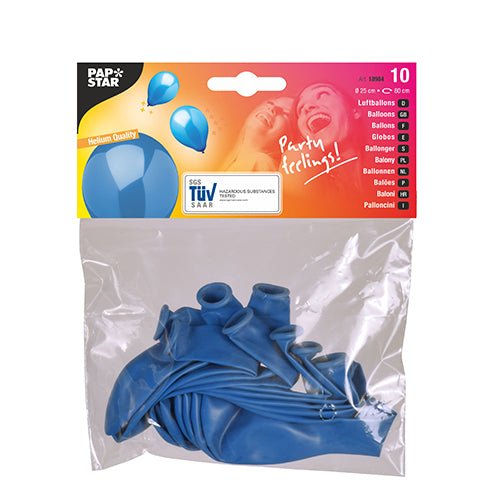 En genomskinlig plastförpackning innehåller 10 oblåsta blå PAPSTAR-Luftballonger med en diameter på 25 cm. Etiketten på PAPSTAR GmbH visar motiv med uppblåsta ballonger och ett foto av två leende personer och passar därför perfekt som dekoration.