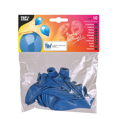 En genomskinlig plastförpackning innehåller 10 oblåsta blå PAPSTAR-Luftballonger med en diameter på 25 cm. Etiketten på PAPSTAR GmbH visar motiv med uppblåsta ballonger och ett foto av två leende personer och passar därför perfekt som dekoration.
