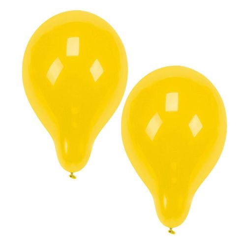 Två gula PAPSTAR 10 ballonger, Ø 25 cm, från PAPSTAR GmbH lyser mot en vit bakgrund. De droppformade ballongerna med knutar i botten och reflekterande detaljer passar perfekt som dekoration.