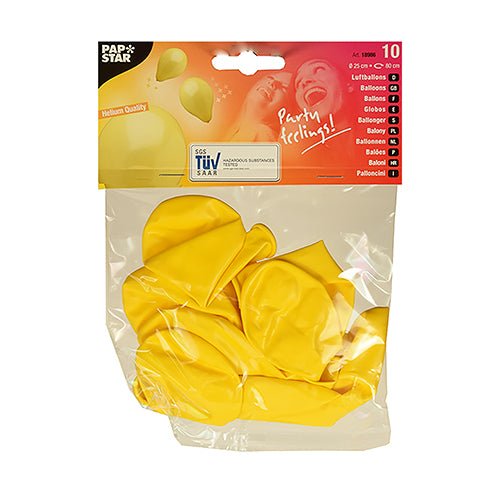 I en genomskinlig plastförpackning finns tio icke-uppblåsta gula PAPSTAR 10 ballonger med en diameter på 25 cm av PAPSTAR GmbH tillverkad av högkvalitativ latex. Texten ”Party Feeling!” i rött och vitt passar perfekt som dekoration.