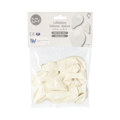 I en genomskinlig förpackning från PAPSTAR I förpackningen från GmbH finns 10 ofyllda vita latexballonger (Ø 25 cm). Etiketten på ovansidan har texten ”PAPSTAR ”10 ballonger” och visar upp uppblåsta vita ballonger. Ballongerna passar därför utmärkt som dekoration.