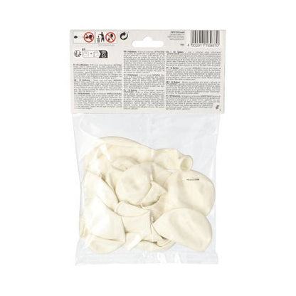 En genomskinlig plastpåse som PAPSTAR GmbH innehåller 10 ofyllda vita latexballonger (Ø 25 cm) med en vit etikett på ovansidan där text, ålders- och säkerhetsanvisningar anges – perfekta som dekoration.