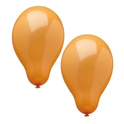 Två orange PAPSTAR 10 ballonger med en diameter på 25 cm från PAPSTAR GmbH-produkter av högkvalitativ latex syns uppblåsta och glänsande mot en vit bakgrund – perfekta som dekoration.