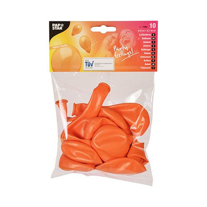 En genomskinlig förpackning av PAPSTAR GmbH innehåller 10 orangefärgade latexballonger (Ø 25 cm) med en röd-orange etikett med varumärke, produktinformation och bilder på ballonger – perfekt som dekoration.