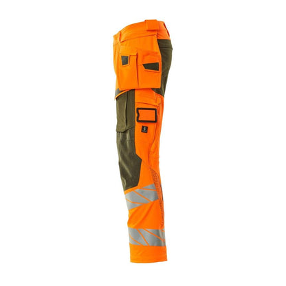 Byxor med hängfickor, ULTIMATE STRETCH-byxor, hi-vis orange/mossgrön