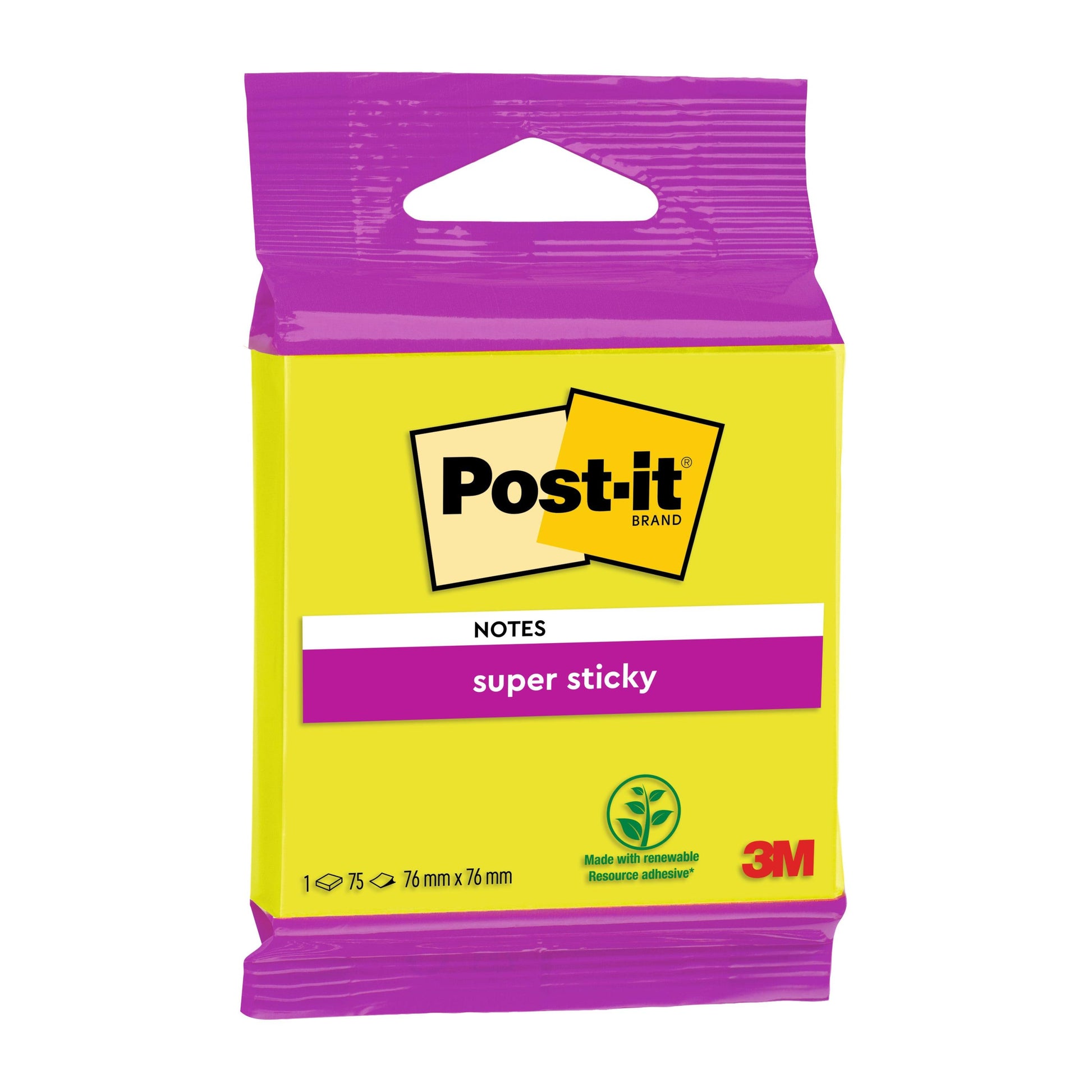 Eine Packung Post-it® Super Sticky Notes 6820S3 (76 x 76 mm) von 3M, in neongrün, neonpink, ultragelb, ultragrün und ultrapink. Jeder Block hat 75 Blatt aus PEFC-zertifiziertem Papier. Die Packung enthält 1 Block.