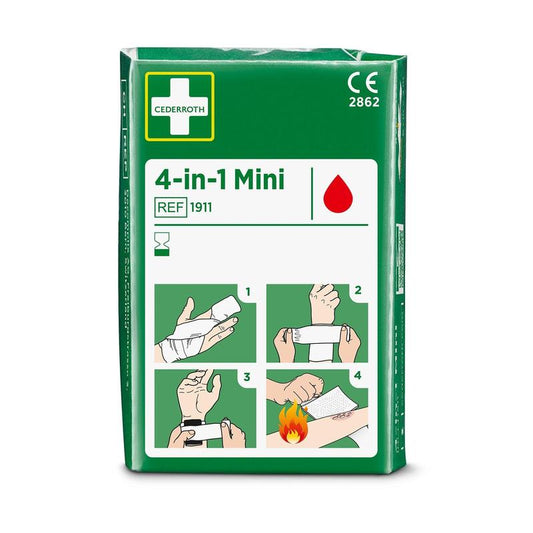 Eine grüne Packung mit der Aufschrift "Cederroth 4-in-1 mini blutstopper" von Orkla Wound Care AB, die Symbole mit vier illustrierten Schritten zum Verbinden von Hand- oder Armwunden, einschließlich Verbrennungen, enthält. Ein Stück pro Packung.