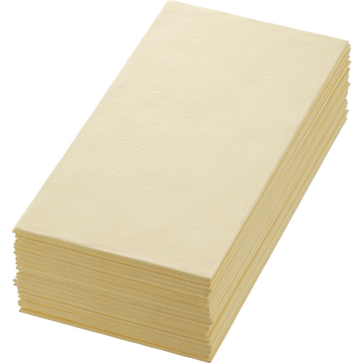 En hög med Dunilin-servetter 48 x 48 cm 1/4 vikning från Duni GmbH, beige och rektangulär, är prydligt arrangerad på en vit bakgrund.