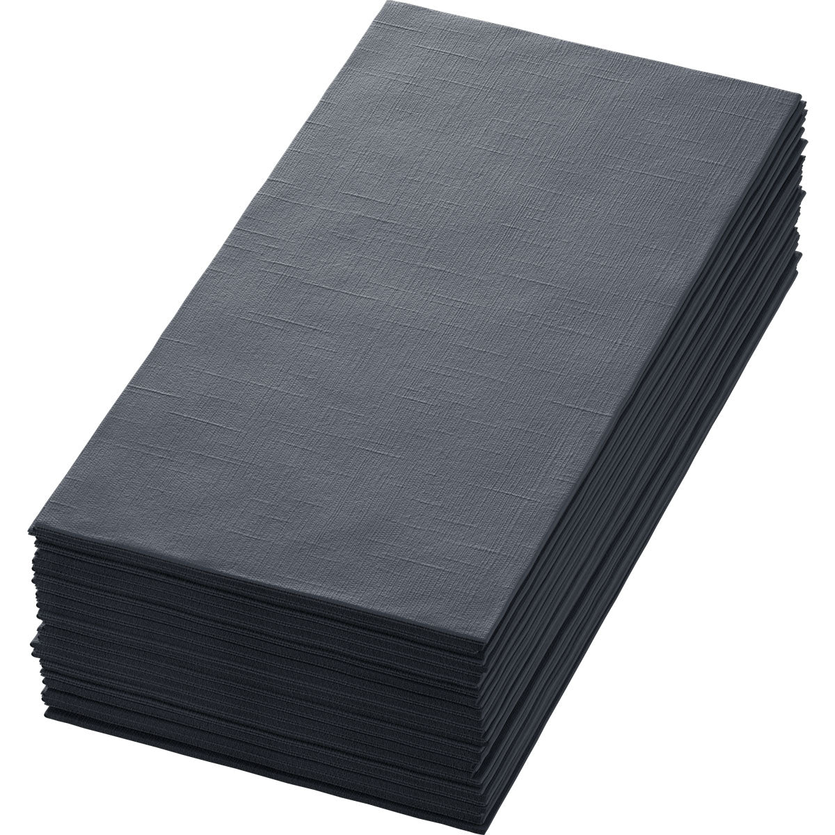 En prydligt staplad hög av mörkgrå Dunilin-servetter 48 x 48 cm 1/4 vikning från Duni GmbH med diskret strukturmönster presenteras på en enkel vit bakgrund.