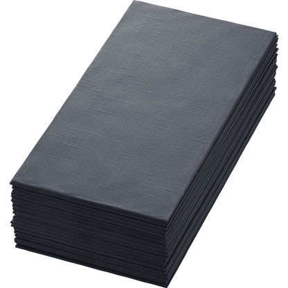 En prydligt staplad hög av mörkgrå Dunilin-servetter 48 x 48 cm 1/4 vikning från Duni GmbH med diskret strukturmönster presenteras på en enkel vit bakgrund.