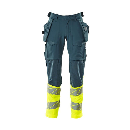 Byxor med hängfickor, ULTIMATE STRETCH-byxor, mörk petroleum/hi-vis gul