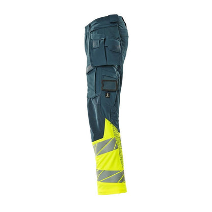 Byxor med hängfickor, ULTIMATE STRETCH-byxor, mörk petroleum/hi-vis gul