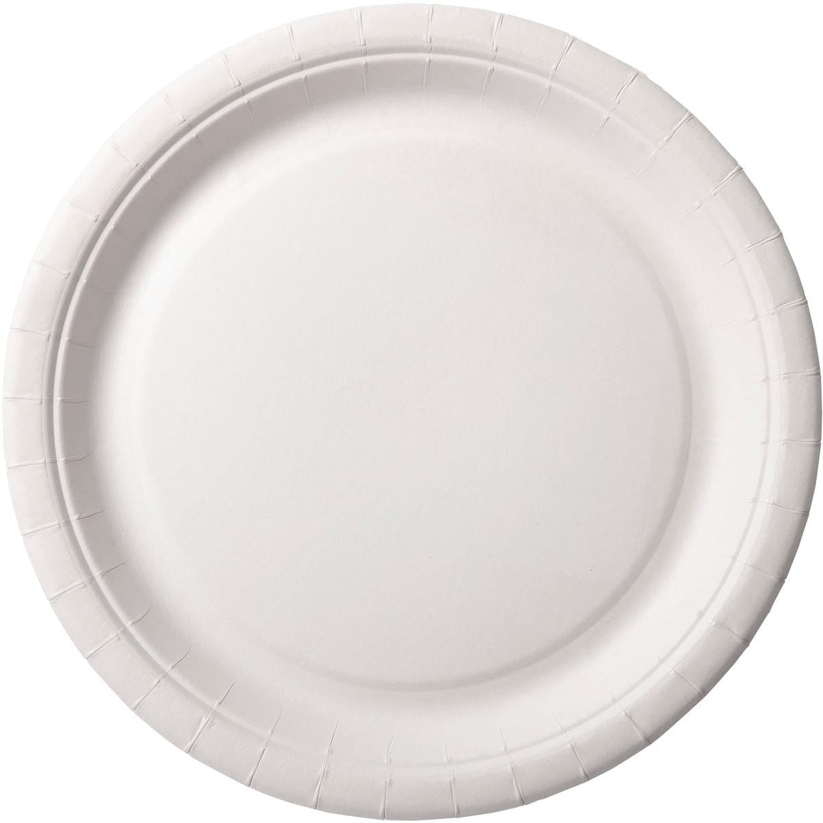 En vit, rund pappersplatta (tallrik ø 22 cm) från Duni GmbH med något upphöjd kant och strukturerad kant, fotograferad ovanifrån mot vit bakgrund. Förpackning: 100 stycken.