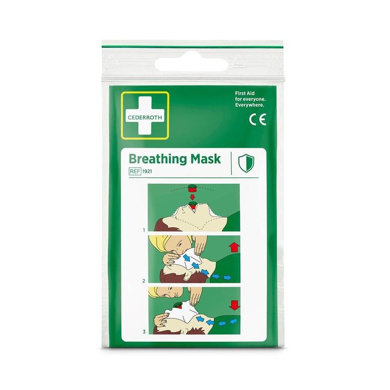 Cederroth andningsmask | Förpackning (1 styck) från Orkla Wound Care AB har illustrerade användarsteg, första hjälpen-symboler och skyddar mot damm i sin gröna nödförpackning.