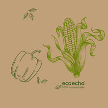 Grüne Strichzeichnungen einer Paprika, einer Ähre mit Schale und Blättern bilden ein Veggies Design auf Duni GmbH Zelltuchservietten 33 x 33 cm 3-lagig. "ecoecho 100% kompostierbar" steht auf den hellbraunen Servietten. Packung (50 Stück).