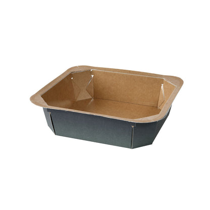 En rektangulär, brun-svart Forum Skål Tryckt Papper/PE Livsmedelsskål från Duni GmbH med vikta kanter, tillverkad av engångskartong/papper/PE-material, är tom och står framför en enkel vit bakgrund.