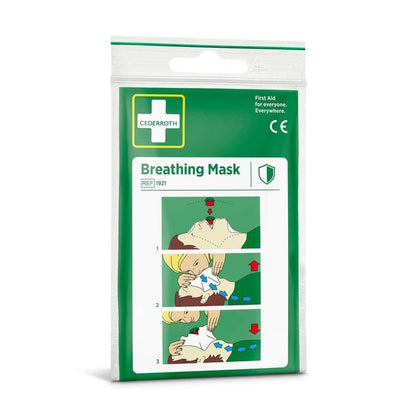 En grön-vit Orkla Wound Care AB Cederroth andningsmask förpackning (1 styck) visar en illustrerad trestegs HLR-instruktion: huvudlutning, applicering av masken och inblåsning av luft i munnen på en liggande person.