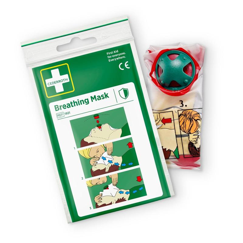 Cederroth andningsmask | Förpackning (1 styck) från Orkla Wound Care AB innehåller en illustrerad instruktion för nödhjärt-lungräddning. Masken, utformad för dammskydd, med en grön ventil är delvis synlig bredvid förpackningen.