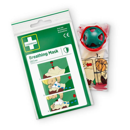 Cederroth andningsmask | Förpackning (1 styck) från Orkla Wound Care AB innehåller en illustrerad instruktion för nödhjärt-lungräddning. Masken, utformad för dammskydd, med en grön ventil är delvis synlig bredvid förpackningen.