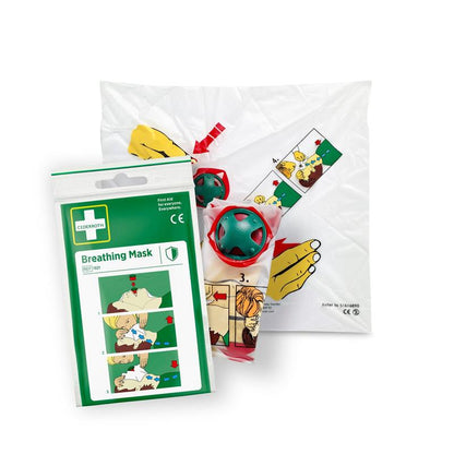 Cederroth andningsmask | Förpackning (1 styck) från Orkla Wound Care AB innehåller en vikt plastfilm för dammskydd och gröna/röda maskdelar, alla med en illustrerad steg-för-steg-instruktion på vit bakgrund.
