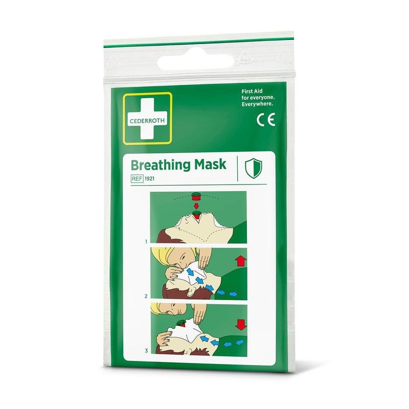 Cederroth andningsmask (1 styck) från Orkla Wound Care AB levereras i en vit-grön förpackning med medicinska symboler och illustrerade HLR-anvisningar som visar säker användning av återupplivning och skyddar mot damm.