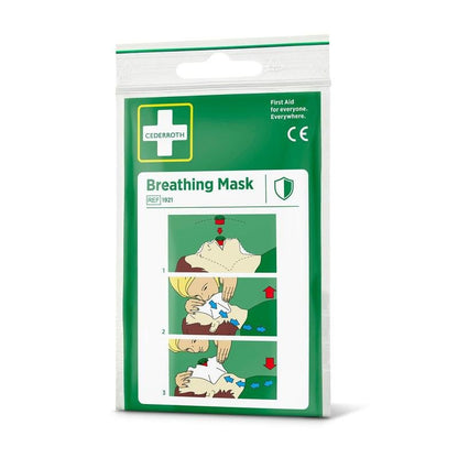 Cederroth andningsmask (1 styck) från Orkla Wound Care AB levereras i en vit-grön förpackning med medicinska symboler och illustrerade HLR-anvisningar som visar säker användning av återupplivning och skyddar mot damm.