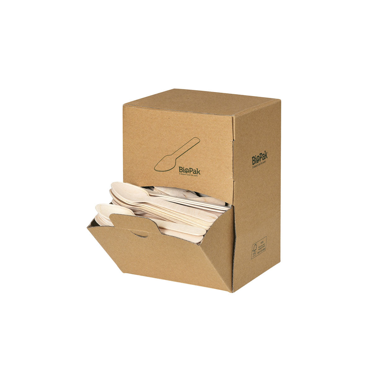 Eine Spenderbox aus Karton mit der Aufschrift "Duni GmbH" enthält 400 Natural gewachst Holz Kaffeelöffel (110 mm). Die Vorderseite ist teilweise geöffnet und zeigt gestapelte biologisch abbaubare Holzkaffeelöffel im Inneren.