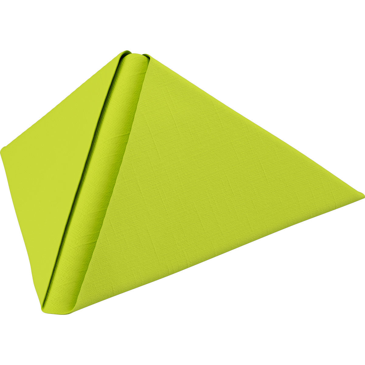 Eine grüne Dunilin-Servietten 40 x 40 cm 1/4 Falz Serviette der Duni GmbH ist zu einer Pyramide gefaltet, mit scharfen Kanten und auf weißem Hintergrund dargestellt.