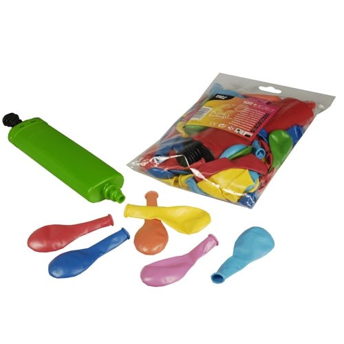 En grön ballongpump från PAPSTAR GmbH levereras tillsammans med sex ofyllda, färgsorterade ballonger och en genomskinlig förpackning PAPSTAR Färgglada ballonger i olika färger med pump, Ø 22 cm (100 stycken) visas.