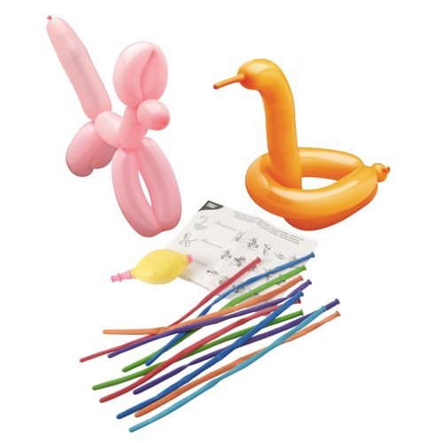 Byggsatsen PAPSTAR GmbH modellballonger (115 cm, 30 färgglada ballonger) innehåller en pump och en instruktion för modellering av ballonger.