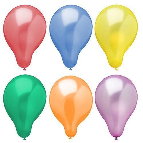 Sex uppblåsta PAPSTAR GmbH ballonger Ø 25 cm, färgsorterade, metallisk design, ordnade i två rader och i lysande färger, utgör en perfekt festdekoration mot en enkel vit bakgrund. Påsen innehåller 25 stycken.