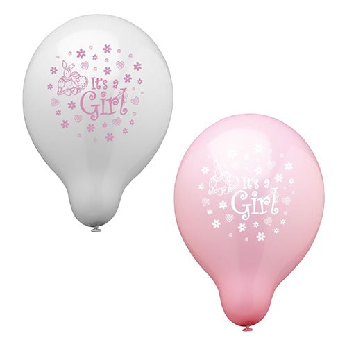PAPSTAR Luftballonger Ø 25 cm "It's a girl" från PAPSTAR GmbH i 12-pack, med fjärilar, hjärtan och blommor - perfekt för tjejfester eller som babyshower dekoration.